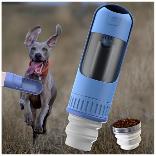 Trinkflasche Hunde Für Unterwegs, 2in1 Hundetrinkflasche, 350ml mit 150ml Futterbeutel Trinknapf Hund Für Unterwegs für Große Kleine Hunde Leckdichte Wasserflasche,Blue von MeLtor