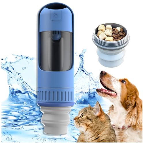 Wasserflasche Hund, 2in1 Hundetrinkflasche, 350ml mit 150ml Futterbeutel Hunde Unterwegs Zubehör für Große Kleine Hunde Leckdichte Wasserflasche,Blue von MeLtor