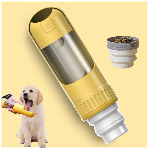 Wasserflasche Hund, 2in1 Hundetrinkflasche, 350ml mit 150ml Futterbeutel Wasserflaschen Für Hunde für Große Kleine Hunde Leckdichte Wasserflasche,Yellow von MeLtor