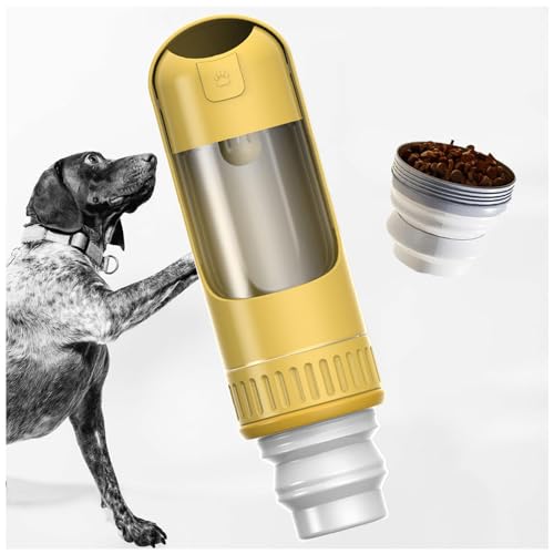 Wasserflasche Hund, 2in1 unterwegs, 350ml mit 150g Falten Futterbehälter Hunde Unterwegs Zubehör für Hundereisen im Freien, Training und Andere Outdoor-Aktivitäten,Yellow von MeLtor