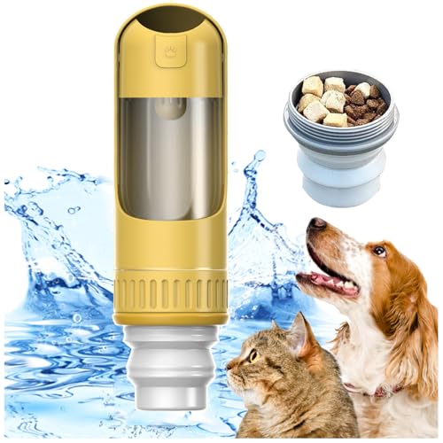 Wasserflasche Hund, 350 ml Hundetrinkflasche mit 150 ml Hundefutter Becher Trinkflasche Hunde für Täglich Spazieren Gehen Reisen Campen,Yellow von MeLtor
