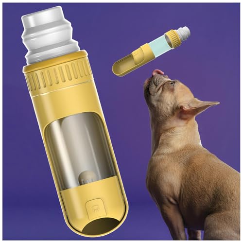 Wasserflasche Hunde Für Unterwegs, 2in1 Hundetrinkflasche, 350ml mit 150ml Futterbeutel Hund Reisetrinkflasche für Hundereisen im Freien, Training und Andere Outdoor-Aktivitäten,Yellow von MeLtor