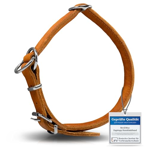 Rund & Weich - Zugstopp Hundehalsband Cognac L - 55cm mit Verstellbarer Schnalle und eingearbeitetem stabilem Kern, Lederhalsband mit Zugbegrenzung, Zugstopper fellschonend, Rindsleder von MediMuc