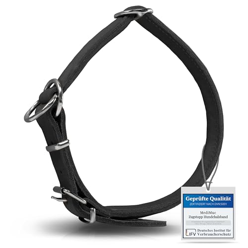 Rund & Weich - Zugstopp Hundehalsband Schwarz L - 55cm mit Verstellbarer Schnalle und eingearbeitetem stabilem Kern, Lederhalsband mit Zugbegrenzung, Zugstopper fellschonend, Rindsleder von MediMuc