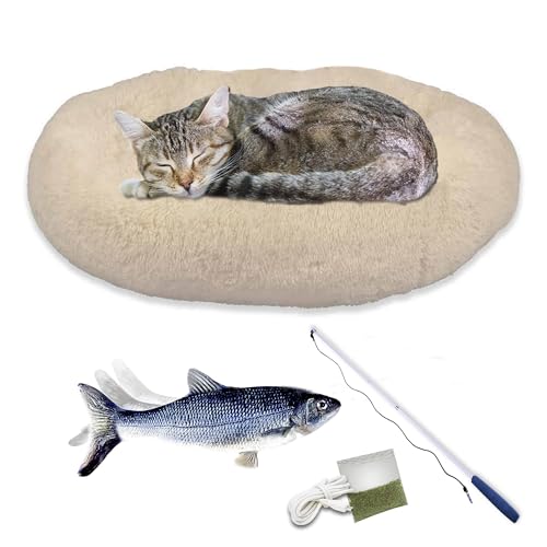 Mediashop Katzen Set - rundes Katzenbett und elektrisches Katzenspielzeug - Donutbett - Selbstbeschäftigung - Fisch inkl. Angel & Minze - Katze - Plüschbett beige von Mediashop