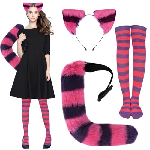 Streifen Katzenkostüm umfassen Katzenohren pelzige Schwanzstreifen -Socken Katzenkostüm für Frau, Halloween Cheshire Katzenkostüm mit Katzenschwanz, Katzenohren und gestreifte Hoch Socken, Cosplay Ca von Mednkoku