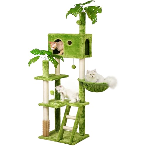 Meecal Großer Kratzbaum mit Blättern für Indoor-Katzen, große Erwachsene, 165,1 cm, grüner Katzenturm mit Kratzbaum, Hängematte, gemütliche Sitzstange, Schaukelball, Selbstpfleger und Katzenleiter, von Meecal