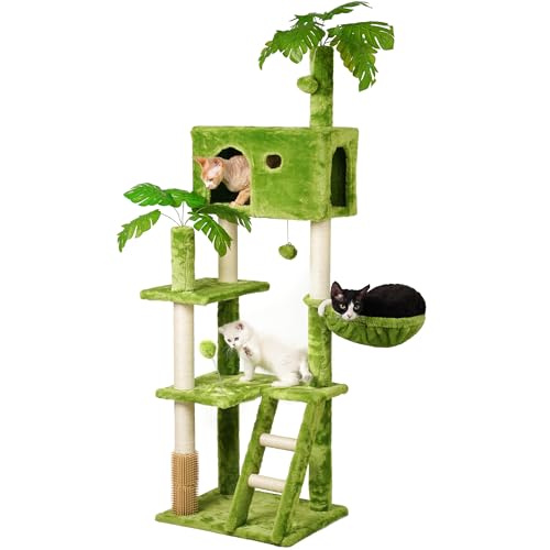 Meecal Großer Kratzbaum mit Blättern für Indoor-Katzen, große Erwachsene, 165,1 cm, grüner Katzenturm mit Kratzbaum, Hängematte, gemütliche Sitzstange, Schaukelball, Katzen-Selbstpfleger und von Meecal