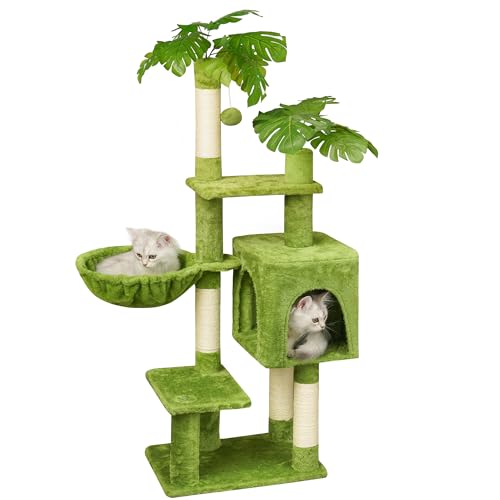 Meecal Katzenbaum mit Blättern für Indoor-Katzen, 119,4 cm niedlicher Katzenturm mit Kratzbaum, Katzenhütte mit großer Hängematte, gepolsterter Plüschplattform und baumelndem Ball, Grün von Meecal