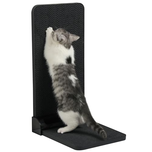 Meecal L-förmiger Katzenkratzer für Indoor-Katzen, 55,9 cm, vertikal, Wellpappe, großes Katzenkratzbrett mit Katzenspielzeug, Kugelbahn, Katzenkratzpad, Schwarz von Meecal