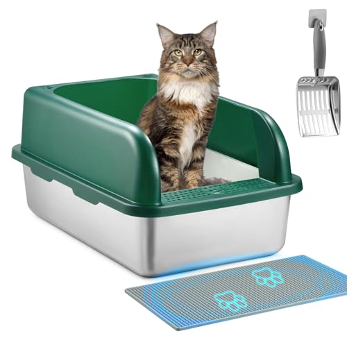 Katzentoilette aus Edelstahl mit Deckel, extra große Metall-Katzentoilette für große Katzen, XXL hohe Seiten Gehege Katzentoilette mit Anti-Urin-Auslauf, leicht zu reinigen, kostenlose Streuschaufel & von Meegood