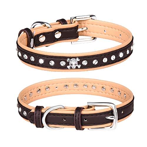 1 x Hundehalsband, mit Totenkopf-Strasssteinen, glitzernde Kristall-Diamanten, PU-Leder, 5,1 cm breit, schönes Bling-Haustier-Aussehen für kleine und mittelgroße Hunde, Beige Braun (L: Hals verstellbar ist 38,1 cm, 45,7 cm) cm) von MeiAOBest