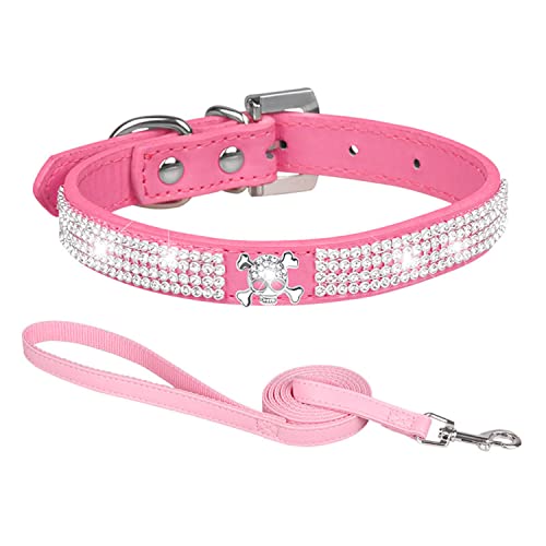 1 x Hundehalsband mit TotenkopfStrasssteinen, glitzernde KristallDiamanten, PULeder, 5,1 cm breit, schönes BlingHaustierAussehen für kleine und mittelgroße Hunde, Hot Pink (L: Hals verstellbar von MeiAOBest