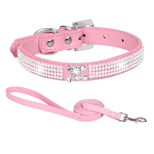 1 x Hundehalsband mit TotenkopfStrasssteinen, glitzernde KristallDiamanten, PULeder, 5,1 cm breit, schönes glitzerndes HaustierAussehen für kleine und mittelgroße Hunde, rosa (L: Halsverstellbar von MeiAOBest