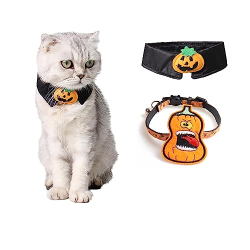 2pcs Halloween Katze Kürbis Fliege Halsband mit Glocke Set, Kätzchen Halsband mit Kürbis Halloween Halsband für Mädchen Junge Katzen Welpen_Fliege+Grimasse Orange von MeiAOBest