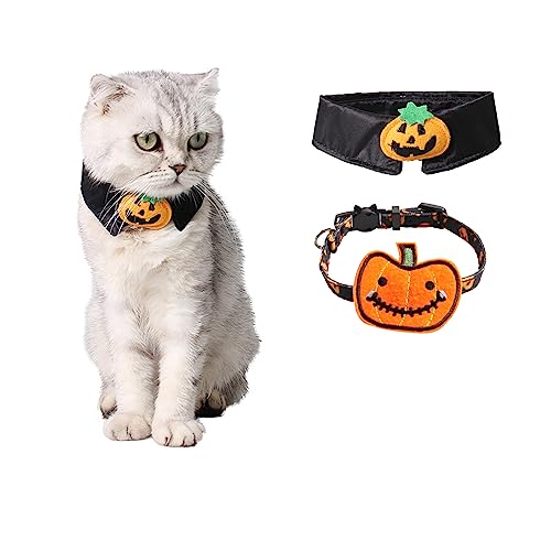 2pcs Halloween Katze Kürbis Fliege Halsband mit Glocke Set, Kätzchen Halsband mit Kürbis Halloween Halsband für Mädchen Junge Katzen Welpen_Fliege+Kürbis Schwarz von MeiAOBest