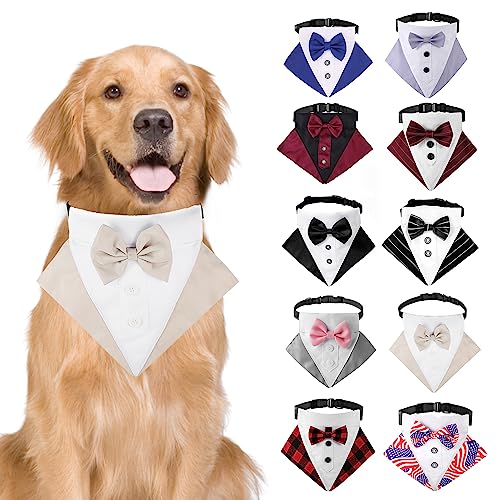 Formales Hunde-Smoking-Halstuch, Hunde-Hochzeits-Bandana-Halsband mit Fliege, verstellbar, für kleine, mittelgroße und große Hunde, Größe L, Beige von MeiAOBest