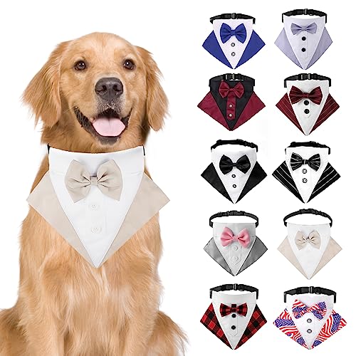 Formales Hunde-Smoking-Halstuch, Hunde-Hochzeits-Bandana-Halsband mit Fliege, verstellbar, für kleine, mittelgroße und große Hunde, Größe M, Beige von MeiAOBest
