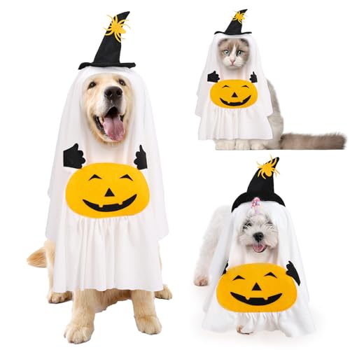 Halloween-Kostüm für Haustiere, 2-in-1, Katzen- und Hundegeist, Kapuzenumhang, Hexenhut, Kürbis, weißer Umhang, Cosplay, Partykleidung, Größe M von MeiAOBest