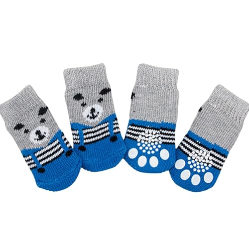 Haustiersocken, niedlich, gestrickt, rutschfest, für Katzen und Hunde, Pfotenschutz, für drinnen und draußen, für heiße Gehwege, Hartholzbodenschutz, Größe L (blauer Bär), 4 Stück von MeiAOBest