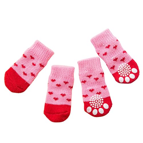 Haustiersocken, niedlich, gestrickt, rutschfest, für Katzen und Hunde, Pfotenschutz, für drinnen und draußen, für heiße Gehwege, Hartholzbodenschutz, Größe M (Red Love) von MeiAOBest