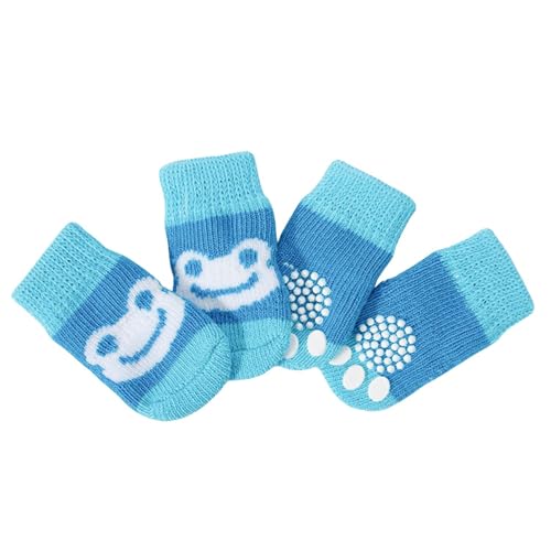 Haustiersocken, niedlich, gestrickt, rutschfest, für Katzen und Hunde, Pfotenschutz, für drinnen und draußen, für heißen Gehweg, Hartholzbodenschutz, Größe L (blauer Frosch), 4 Stück von MeiAOBest