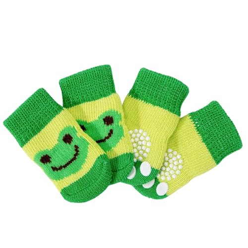 Haustiersocken, niedlich, gestrickt, rutschfest, für Katzen und Hunde, Pfotenschutz, für drinnen und draußen, für heißen Gehweg, Hartholzbodenschutz, Größe M (grüner Frosch), 4 Stück von MeiAOBest