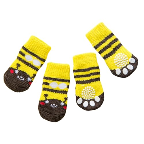 Haustiersocken, niedlich, gestrickt, rutschfest, für Katzen und Hunde, Pfotenschutz, für drinnen und draußen, für heißen Gehweg, Hartholzbodenschutz, Größe S (gelber Bär), 4 Stück von MeiAOBest