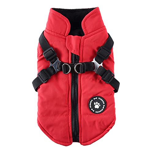 MeiAOBest Hund Warme Mäntel Jacken, Hundegeschirr und Mantel Reißverschluss 2 in 1 Winterjacke No Pull Hundeweste Harness Outfit Mäntel für Welpen Kleine Mittlere Hunde_L(Rot) von MeiAOBest