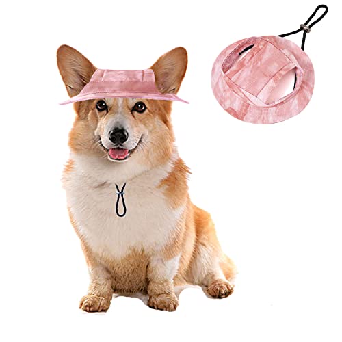 Hunde-Batik-Hüte, runde Hunde-Eimer-Kappe mit Ohrloch, verstellbar, für Outdoor-Reisen, Sonnenschutz, Sporthut für Katzen, kleine, mittelgroße Hunde, L (Rosa) von MeiAOBest