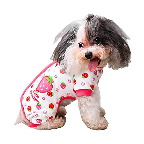 Hunde-Overall mit vier Beinen, Schlafanzug, Ente, Erdbeer-Muster, weiches Hemd, Kleidung, Winter, warm, für den Innenbereich, Haustier-Overall für Welpen, kleine mittelgroße Hunde (Erdbeere, XS) von MeiAOBest