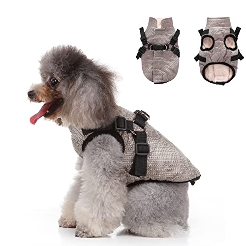 Hundebekleidung mit Geschirr, warme Winterjacke mit Reißverschluss, winddichter Hundemantel, Wintermäntel aus Baumwolle für kleine, mittelgroße Hunde, Größe L (Khaki) von MeiAOBest