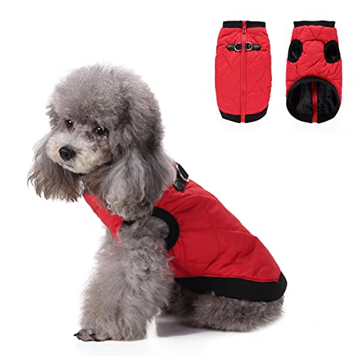 Hundebekleidung mit Geschirr, warme Winterjacke mit Reißverschluss, winddichter Hundemantel, Wintermäntel aus Baumwolle für kleine, mittelgroße Hunde, Größe M (rot) von MeiAOBest