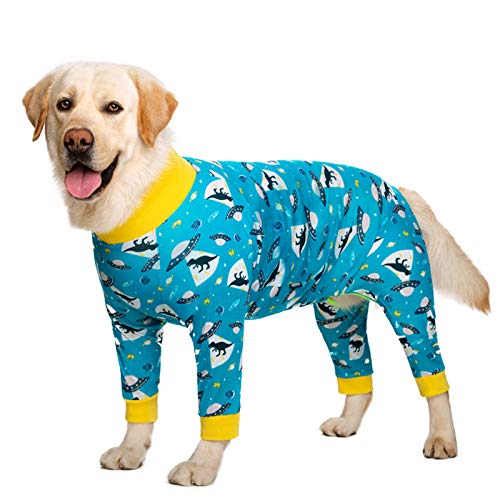 MeiAOBest Großer Hund Pyjama,Hund Vierbeiniger Jumpsuit Recovery Anzug Haustier Anti Lecken Gelenk Ellenbogen Schutz Onesie, Hund Anti-Haar PJS Mantel_Blau Dinosaurier(30) von MeiAOBest