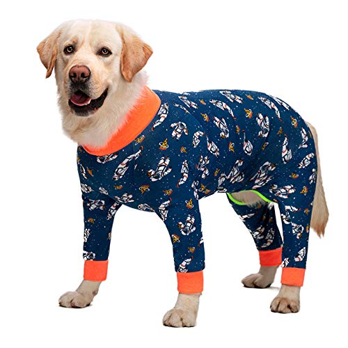 MeiAOBest Großer Hund Pyjama,Hund Vierbeiniger Jumpsuit Recovery Anzug Haustier Anti Lecken Gelenk Ellenbogen Schutz Onesie, Hund Anti-Haar PJS Mantel_Dunkelblau Astronaut(38) von MeiAOBest