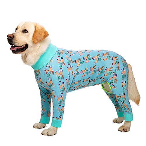 MeiAOBest Großer Hund Pyjama,Hund Vierbeiniger Jumpsuit Recovery Anzug Haustier Anti Lecken Gelenk Ellenbogen Schutz Onesie, Hund Anti-Haar PJS Mantel_Grün Elch(32) von MeiAOBest