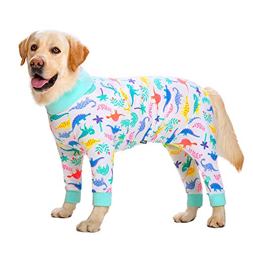 MeiAOBest Großer Hund Pyjama,Hund Vierbeiniger Jumpsuit Recovery Anzug Haustier Anti Lecken Gelenk Ellenbogen Schutz Onesie, Hund Anti-Haar PJS Mantel_Weiß Dinosaurier(32) von MeiAOBest