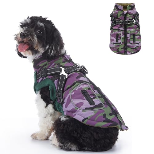 Warme Hundejacke, Hundegeschirr, Mantel, Reißverschluss, 2-in-1-Winterjacke mit Tasche, reflektierend, gestreift, leicht wasserdicht, winddicht, Baumwolle, für Welpen, kleine und mittelgroße Hunde, von MeiAOBest