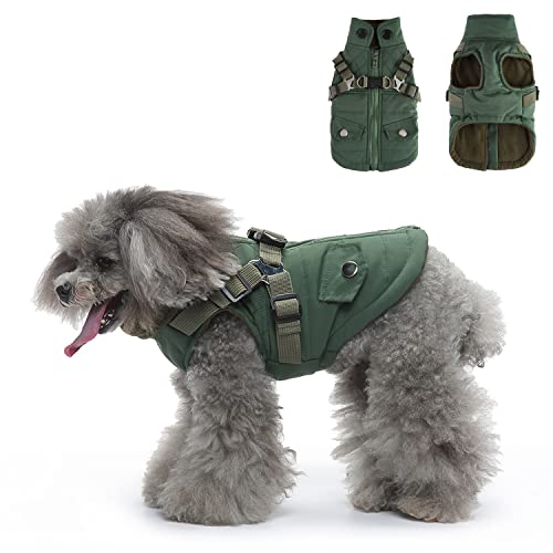 Warme Hundemäntel, Hundegeschirr und Mantel mit Reißverschluss, 2-in-1-Winterjacke, kein Ziehen, Hundegeschirr, Outfit, Mäntel für Welpen, kleine, mittelgroße Hunde, Grün 2 von MeiAOBest