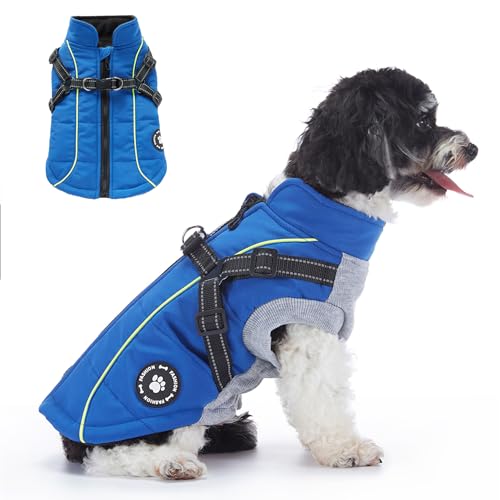 Warme Hundemäntel, Jacken, Hundegeschirr mit Reißverschluss, 2-in-1-Winterjacke mit reflektierenden Streifen, kein Ziehen, Hundeweste, Geschirr, Outfit, Mäntel für Welpen, kleine und mittelgroße von MeiAOBest