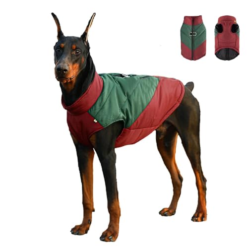 Warmer Wintermantel für Hunde mit D-Ring, leicht wasserdicht, Farbblockierung, Hundekleidung für kleine, mittelgroße und große Hunde, Größe 5XL, Weinrot und Grün von MeiAOBest