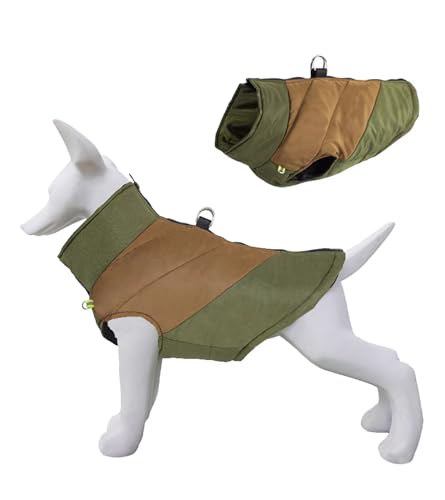 Warmer Wintermantel für Hunde mit D-Ring, leicht wasserdicht, farbblockierende Jacke, Hundekleidung für kleine, mittelgroße und große Hunde, Größe S (Armeegrün und Khaki) von MeiAOBest