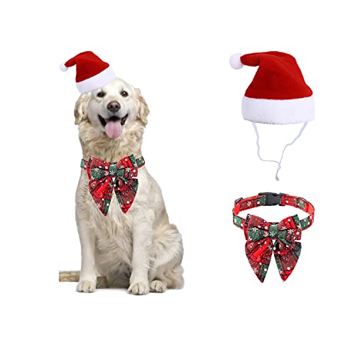 Weihnachts-Haustier-Halsband und Hut-Set, Weihnachts-Hundehalsband-Schnalle für Katzen, kleine, mittelgroße Hunde, Rot, Grün (L) von MeiAOBest