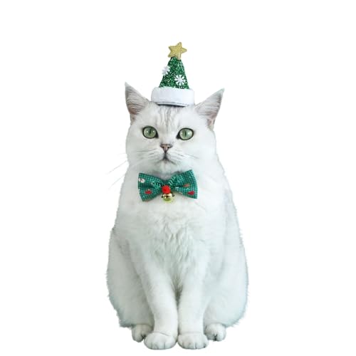 Weihnachtsmütze, Halsband-Set, glitzernde Schneeflocke, verstellbare Schleife, Schneemann, Katze, Welpenhalsband mit Glöckchen, Haustier-Party-Dekoration, Weihnachtsfoto-Requisiten für Katzen, Welpen, von MeiAOBest