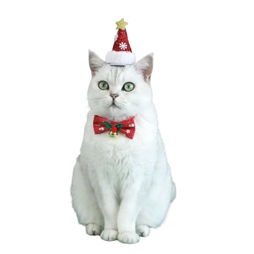 Weihnachtsmütze, Halsband-Set, glitzernde Schneeflocke, verstellbare Schleife, Schneemann, Katze, Welpenhalsband mit Glöckchen, Haustier-Party-Dekoration, Weihnachtsfoto-Requisiten für Katzen, Welpen, von MeiAOBest