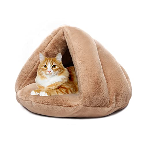 MeiLiMiYu Gemütliches Plüsch-Katzenhöhle, Zelt, selbstwärmend, Haustierbett, waschbar, tragbar, Schlafsack für Innenbereich, Katzen und Welpen (braun) von MeiLiMiYu
