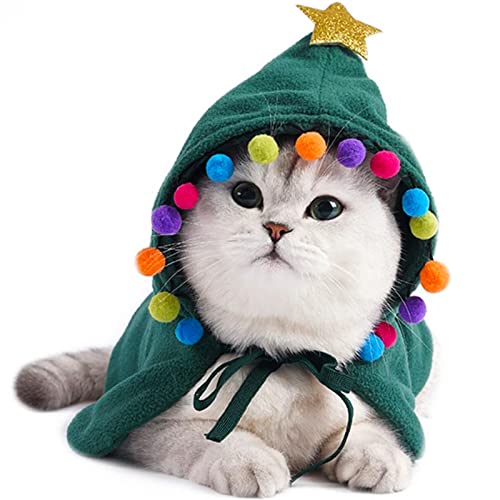 Meihejia Weihnachten Katze Kostüm Umhang mit Stern und Pompoms Hut Xmas Katze Santa Umhang mit Weihnachtsmannmütze Party Cosplay Kleid für Katzen und kleine Hunde von Meihejia