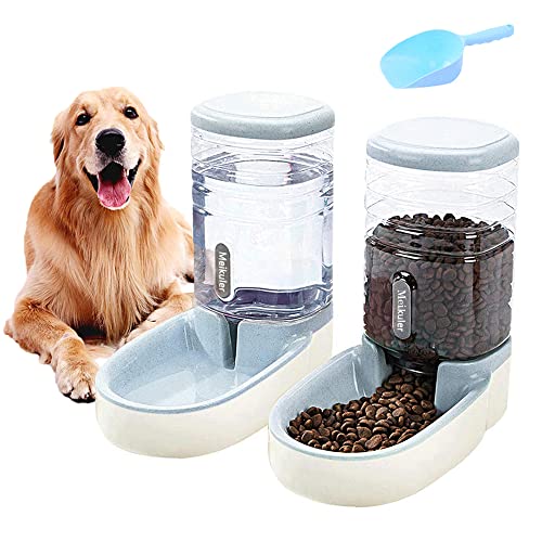 Automatischer Futterspender 3.8L mit Schaufel,Wasserspender 3.8L Feeder Futterautomat Trockenfutter Spender Futterstation für Hunde Katze Haustiere (Grau) von Meijeegu