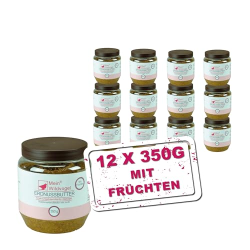 Mein Wildvogel Erdnussbutter mit Früchten 12x 350g, nährstoffreiches Weichfutter mit Sonnenblumenkerne Gartenvögel. Ganzjähriges Fettfutter für Ihre Vögel, ohne Gentechnik von Mein Wildvogel