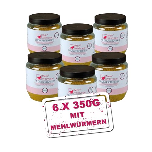 Erdnussbutter mit Mehlwürmern 6 x 350g, nährstoffreiches Fettfutter mit Sonnenblumenkerne für Wildvögel und Gartenvögel. Ganzjähriges Weichfutter für Ihre Vögel, ohne Gentechnik von Mein Wildvogel